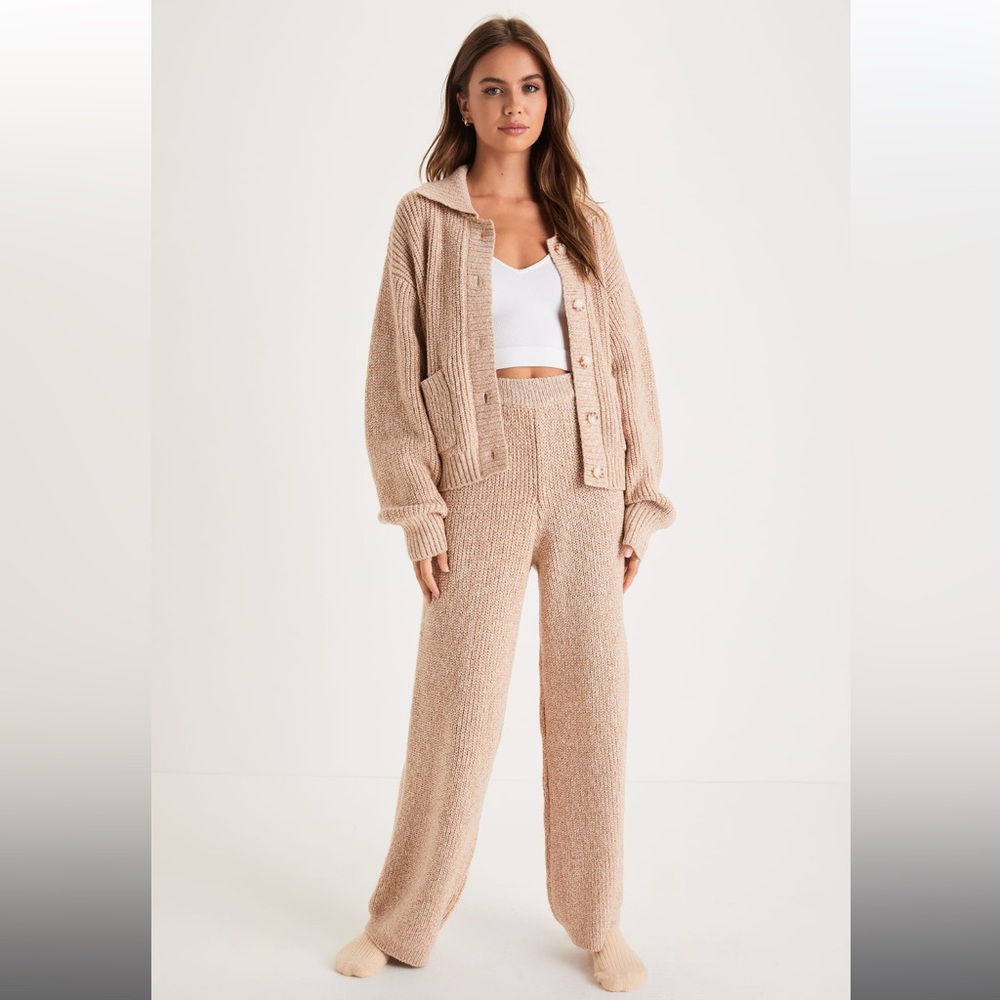 Lulus Chill Mood Heather Beige Cardigan and Pants Set
